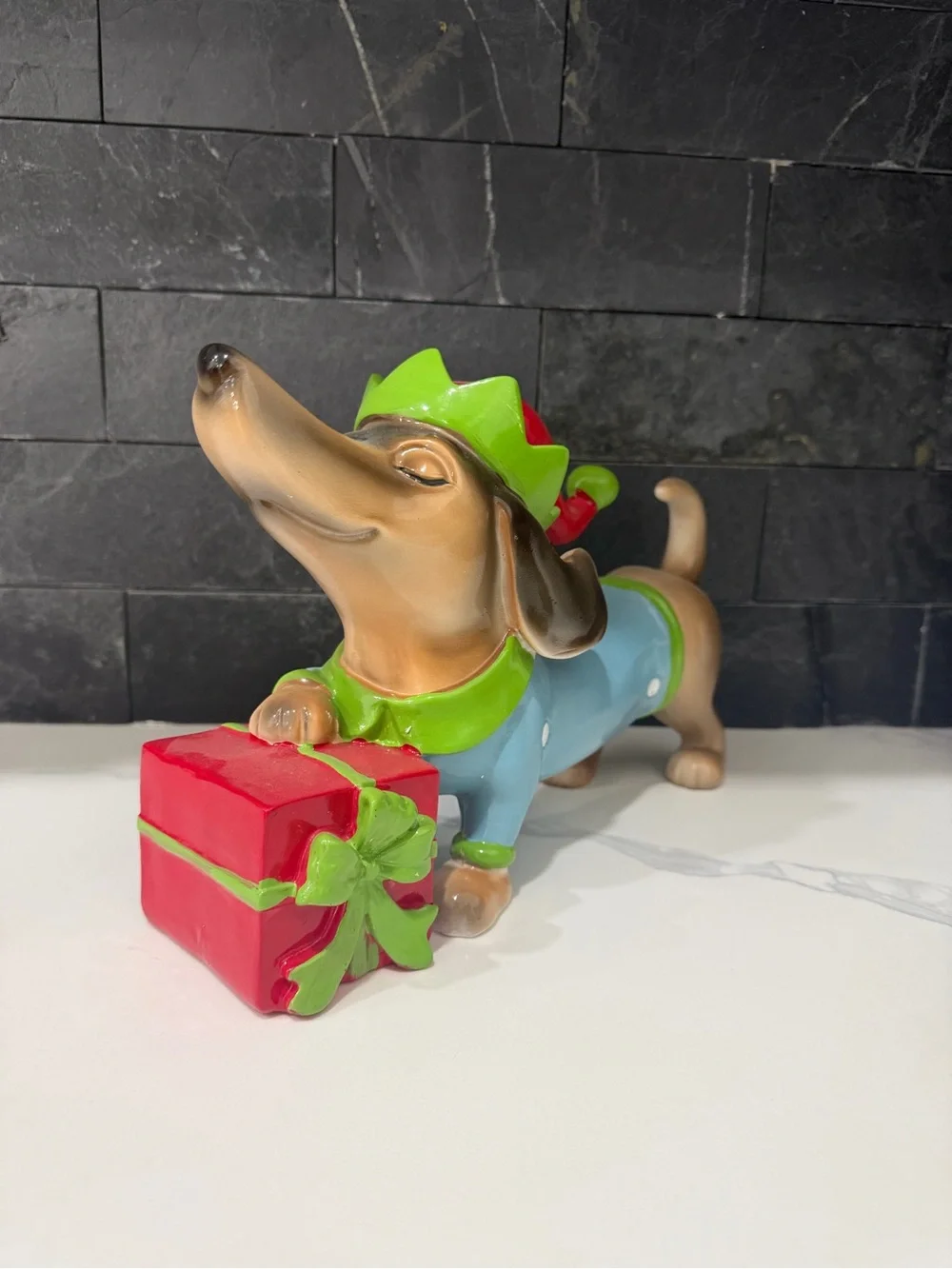 Festive Dachshund Dog Figurine Christmas Decor - Blue & Red